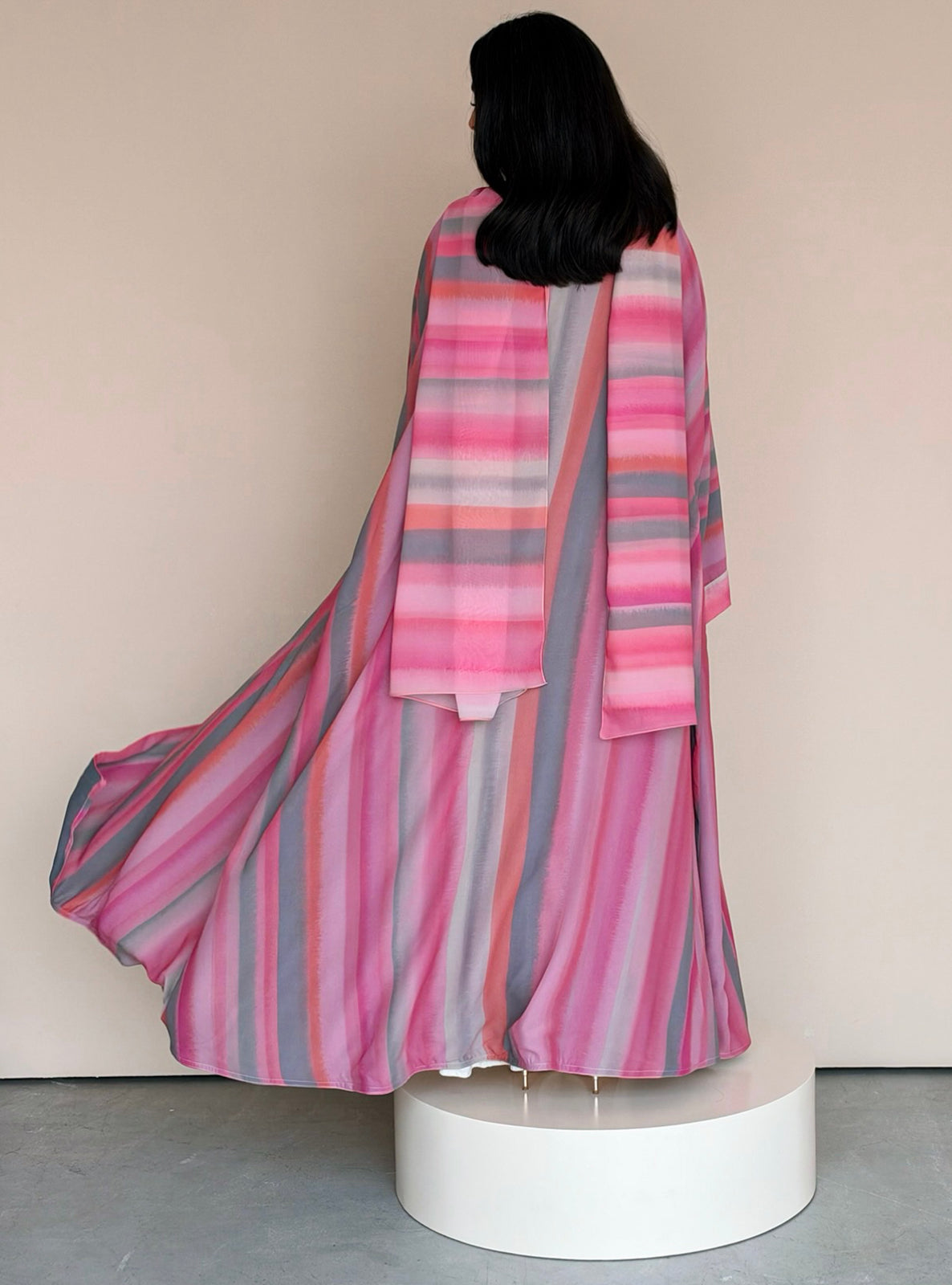MEI784 - Striped Print Half Bisht Abaya with Matching Headscarf
