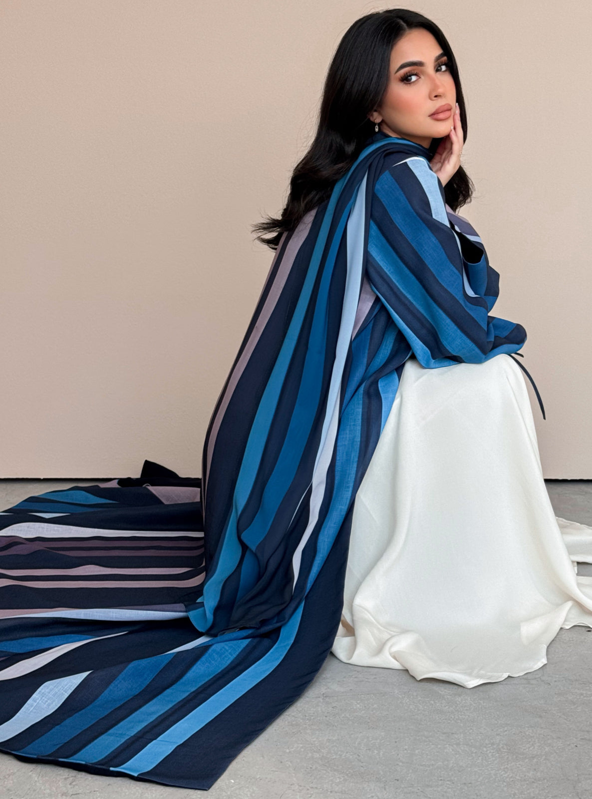 MEI763 - Striped A-Cut Linen Abaya with Matching Headscarf