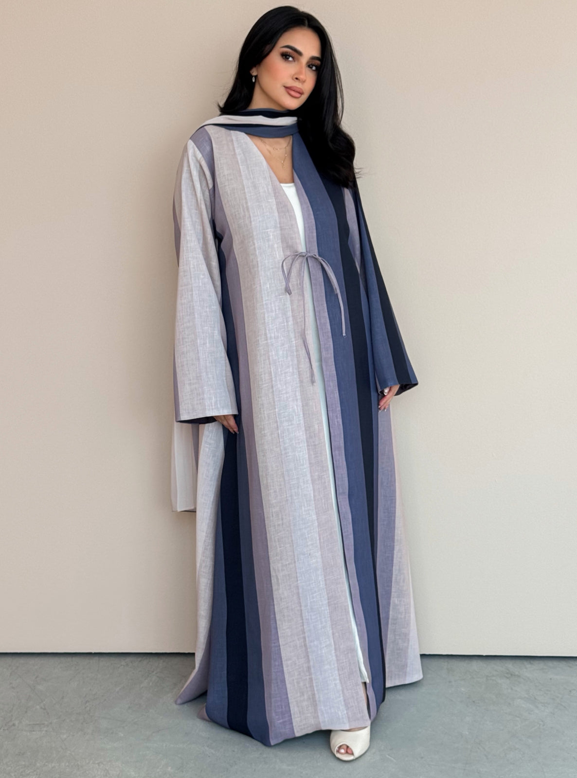 MEI761 - Striped A-Cut Linen Abaya with Matching Headscarf