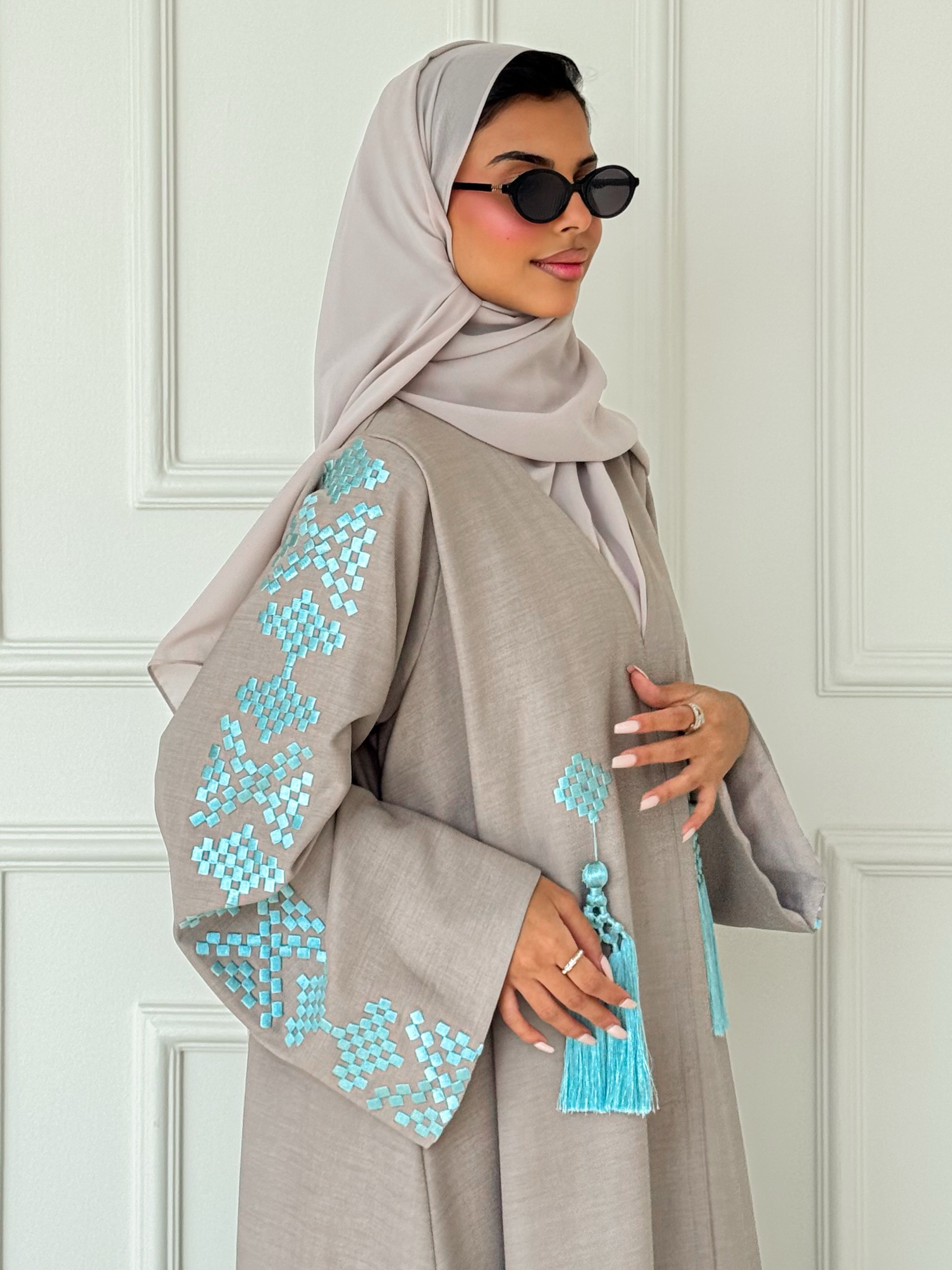 MEI622 - Beige Abaya with Light Turquoise Embroidery