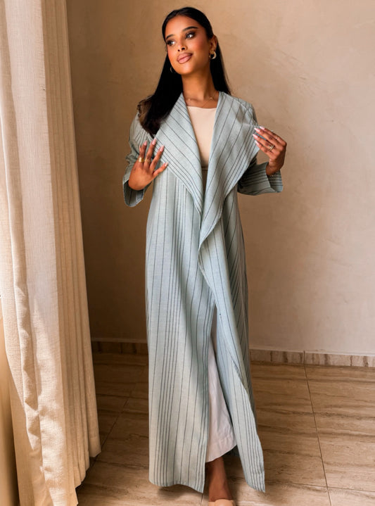 MEI750 - Light Teal A-Cut Linen Abaya with Matching Headscarf