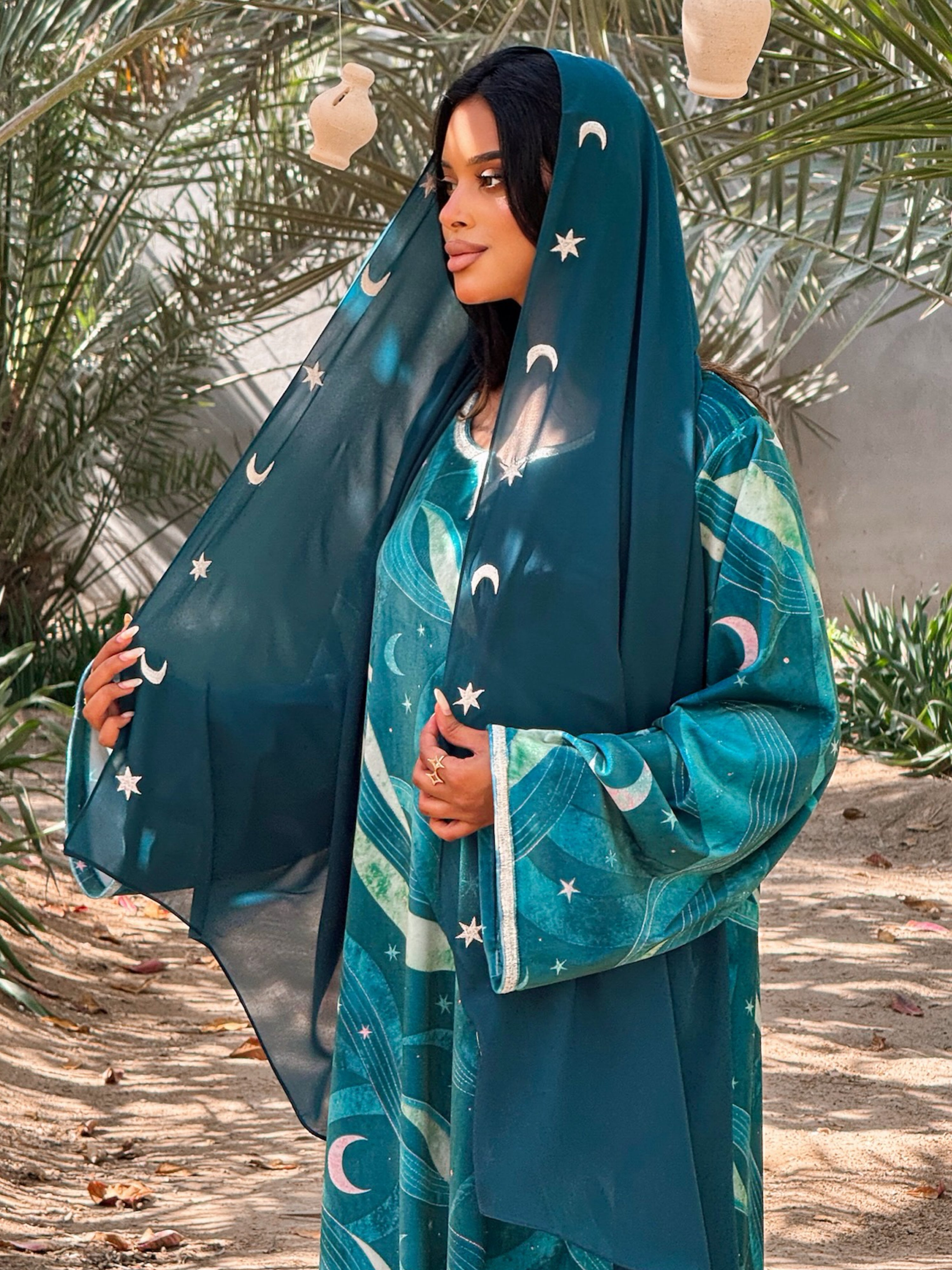 MEI706 - Green Stars & Moon Embroidered Jalabiya with Headscarf