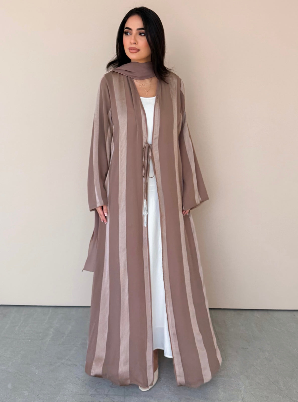 MEI767 - Aura A-Cut Abaya in Warm Taupe with Matching Headscarf