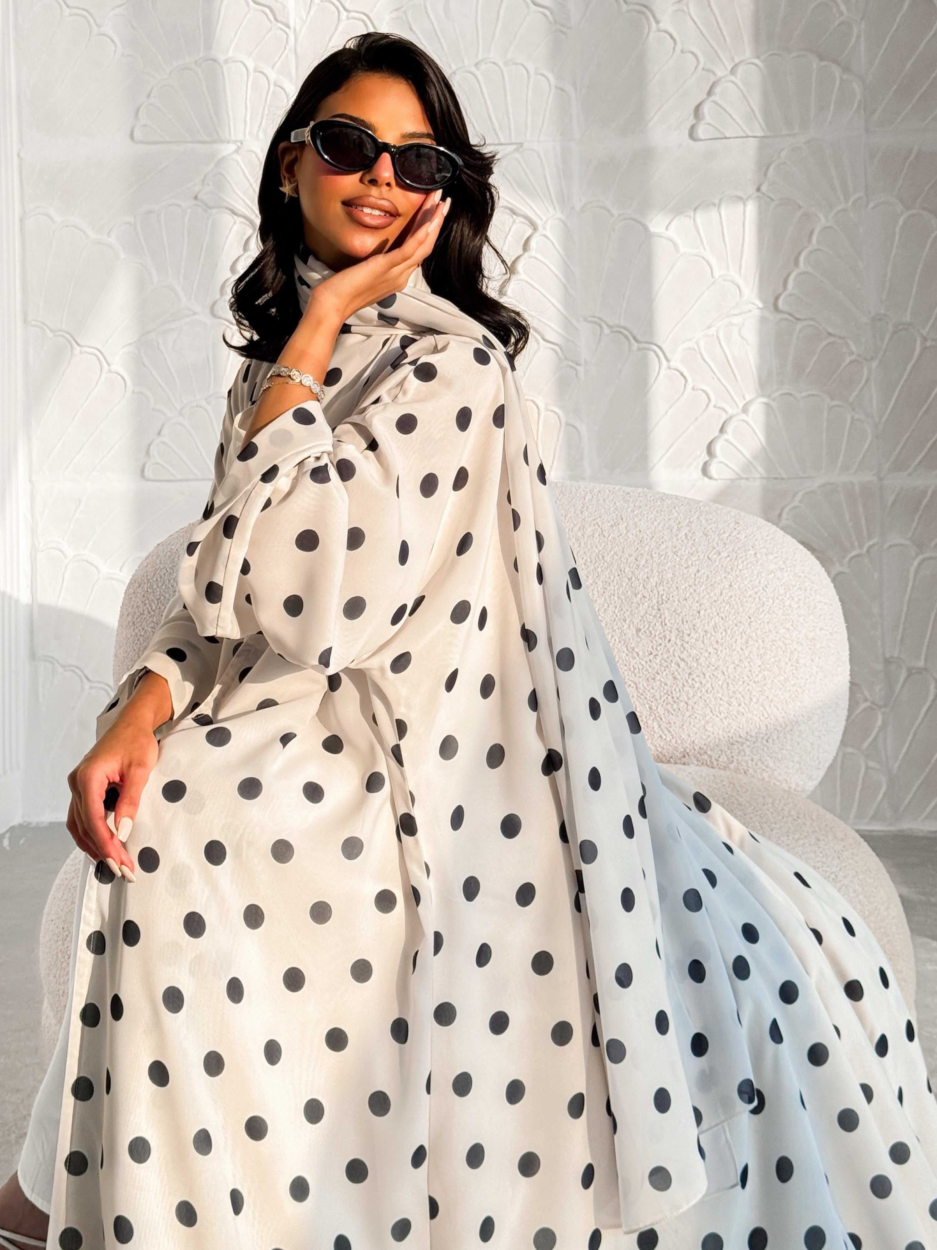 MEI613 - Polka Dots Abaya in Off White