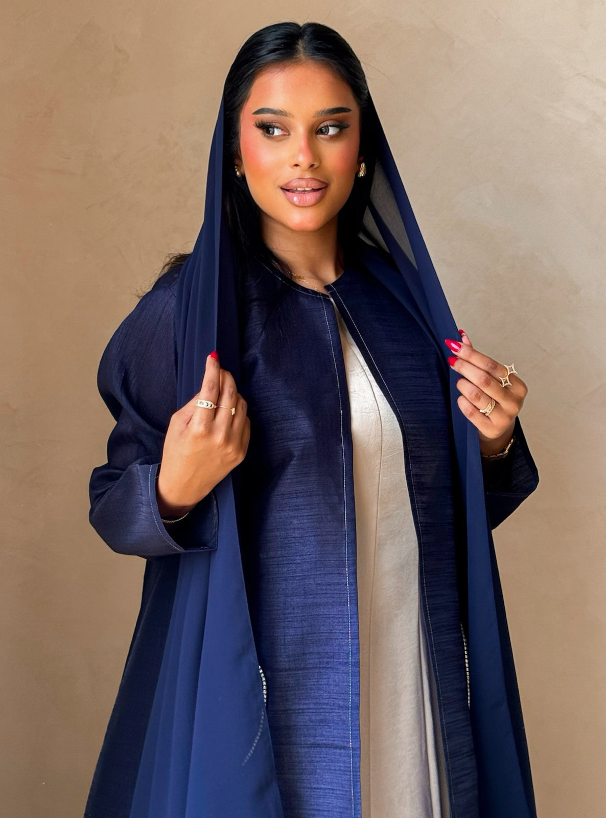MEI728 - Navy A-Cut Taffeta & Crystals Abaya with Headscarf