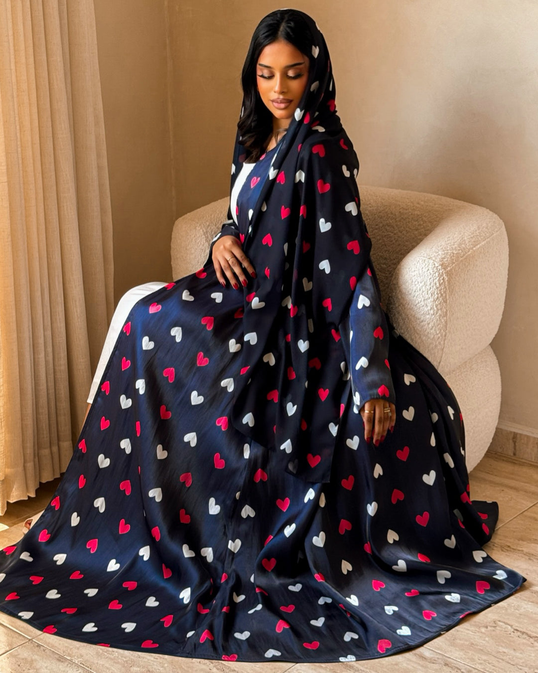 MEI724 - Black & White & Red Hearts A-Cut Organza Abaya 🖤🤍❤️