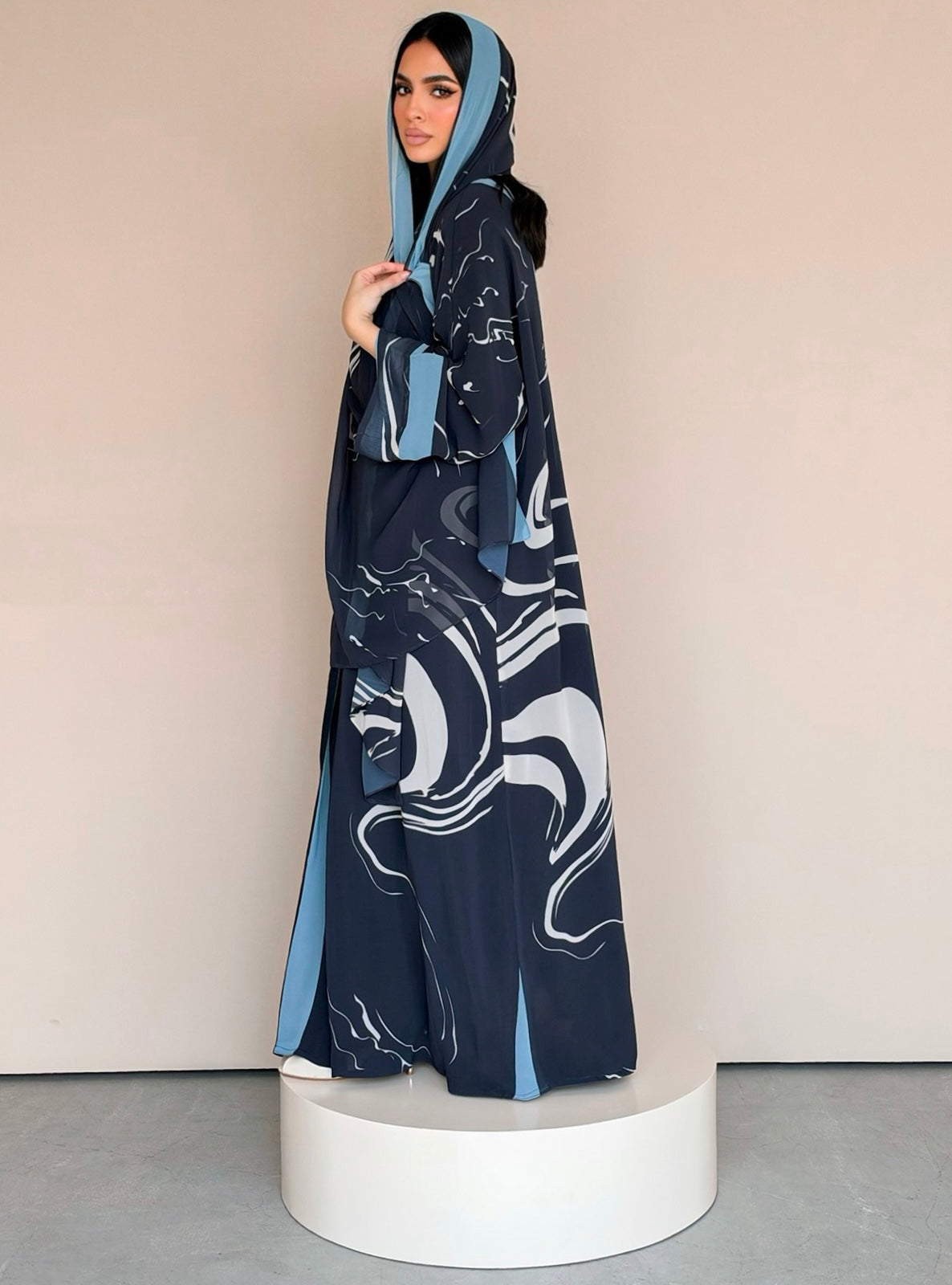 MEI787 - Swirl Print Half Bisht Abaya with Matching Headscarf