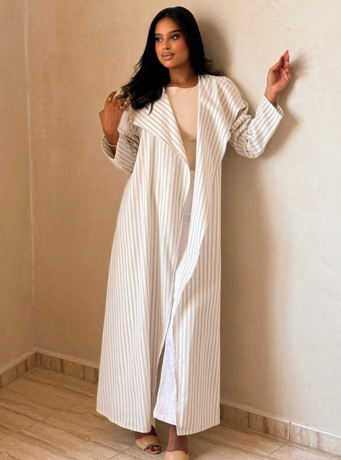 MEI744 - Striped Soft Ivory A-Cut Linen Abaya with Matching Headscarf