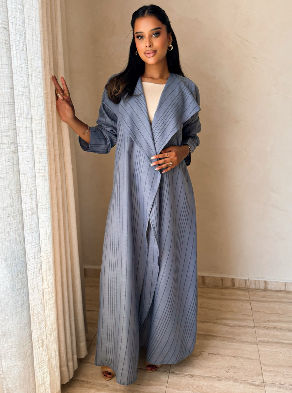 MEI751 - Steel Blue A-Cut Linen Abaya with Matching Headscarf