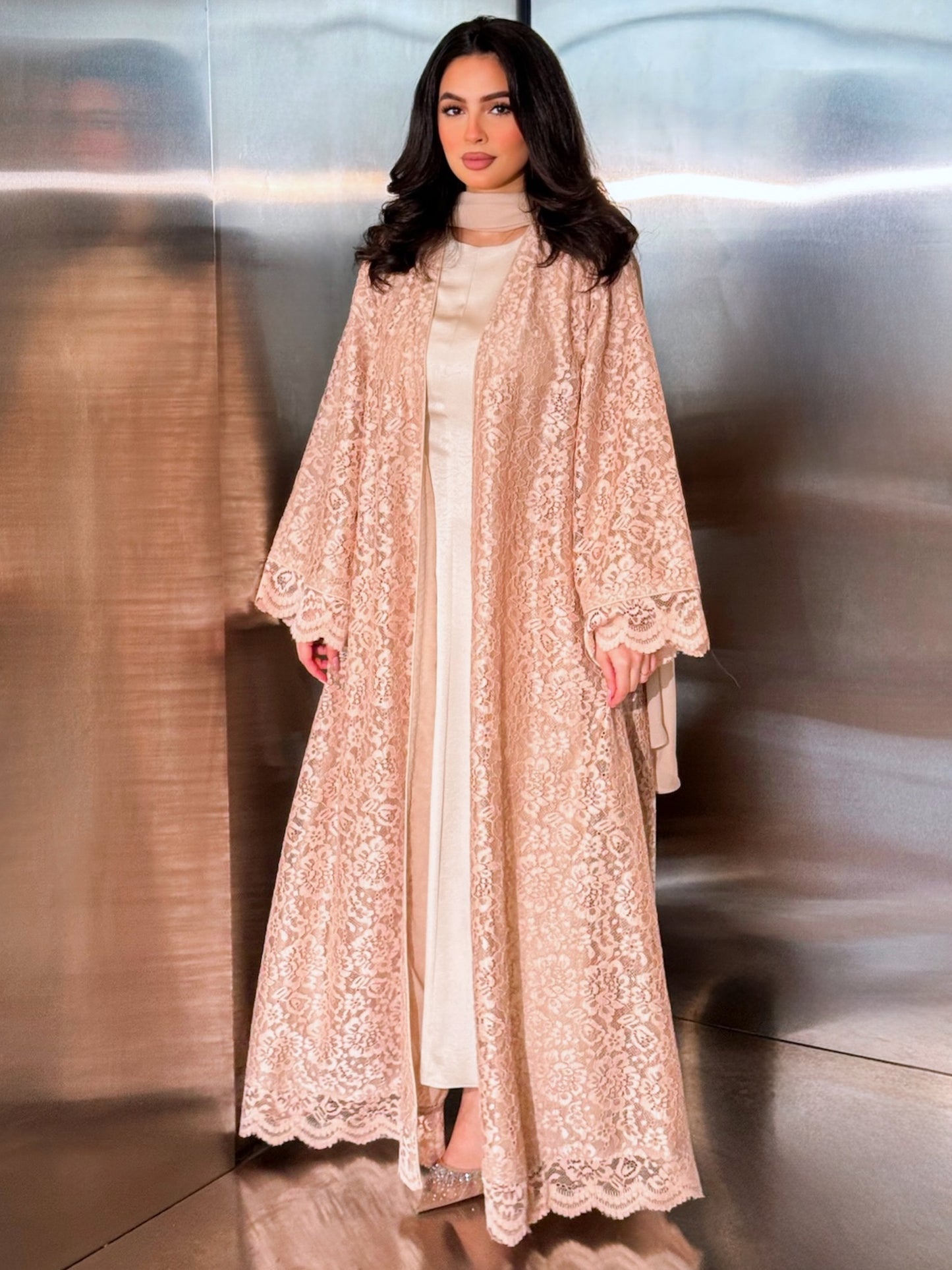 MEI714 - Beige Lace Abaya with Matching Headscarf