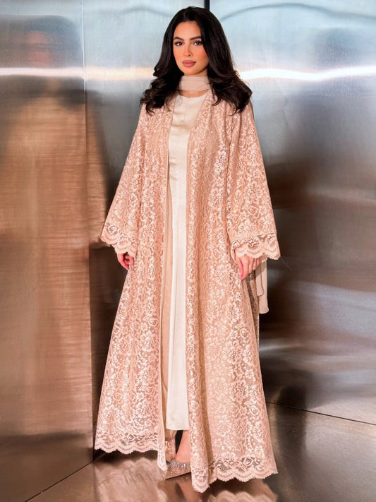 MEI714 - Beige Lace Abaya with Matching Headscarf
