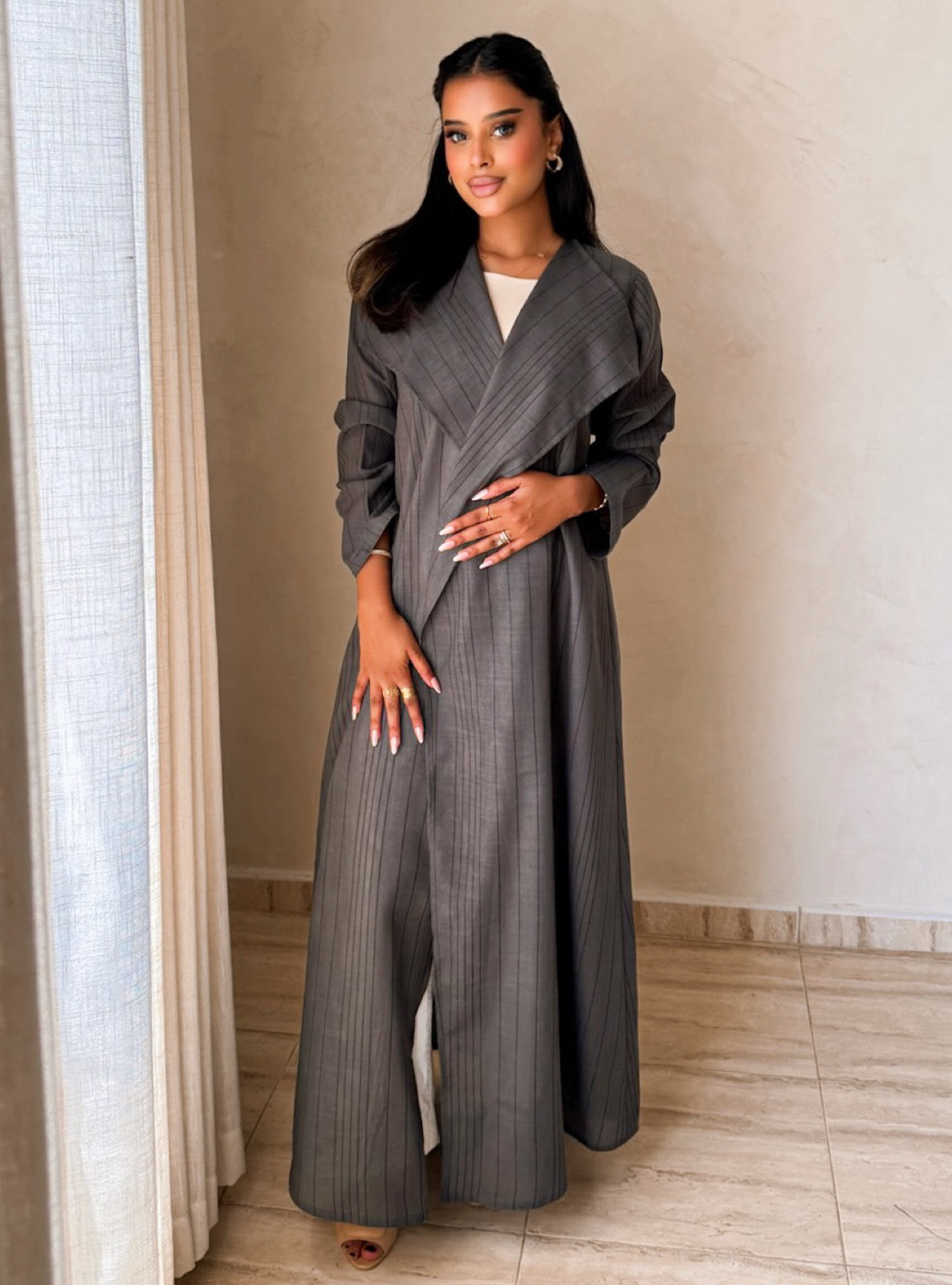 MEI747 - Striped Dark Grey A-Cut Linen Abaya with Matching Headscarf