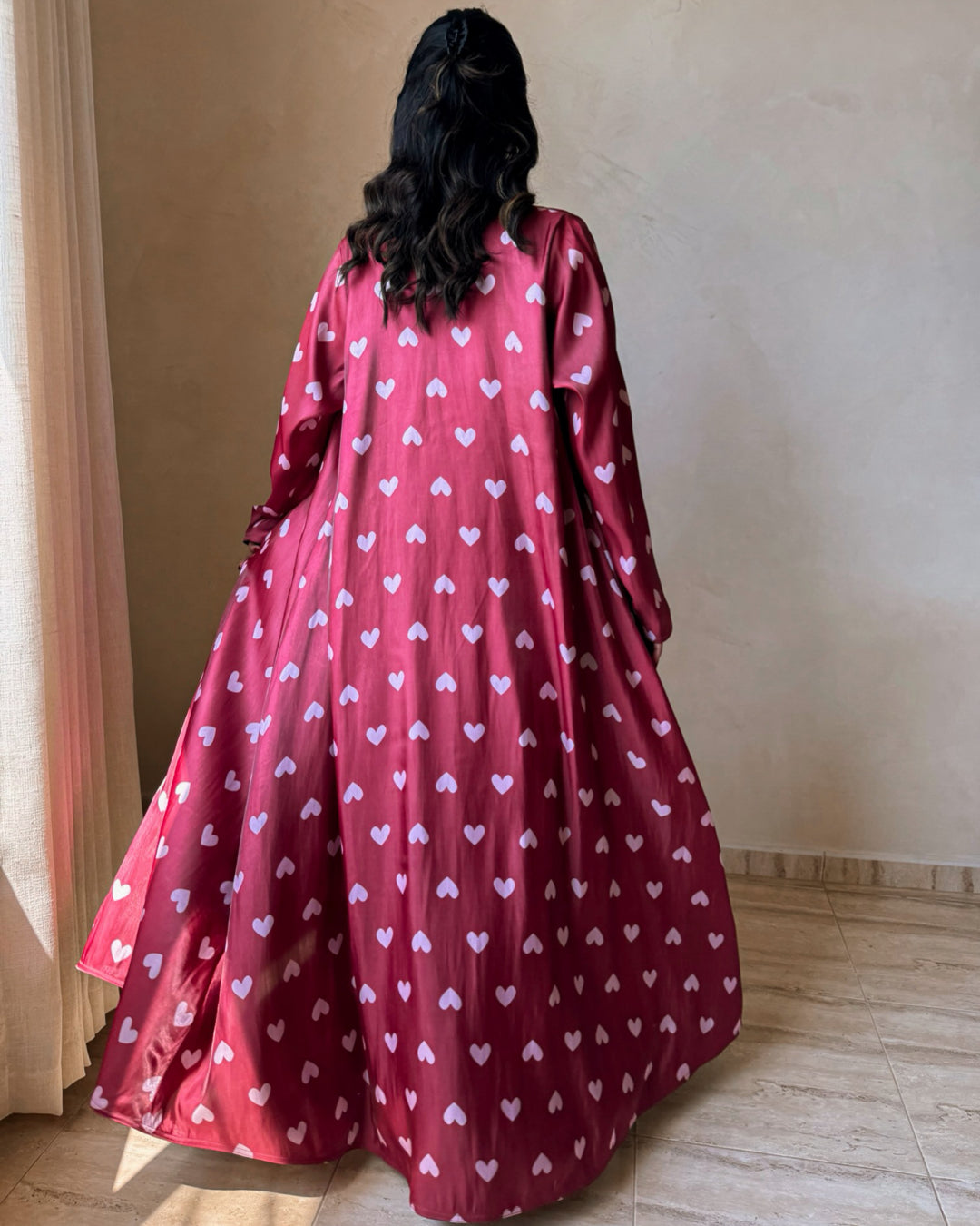 MEI721 - Maroon & Pink Hearts Organza Abaya ♥️🩷