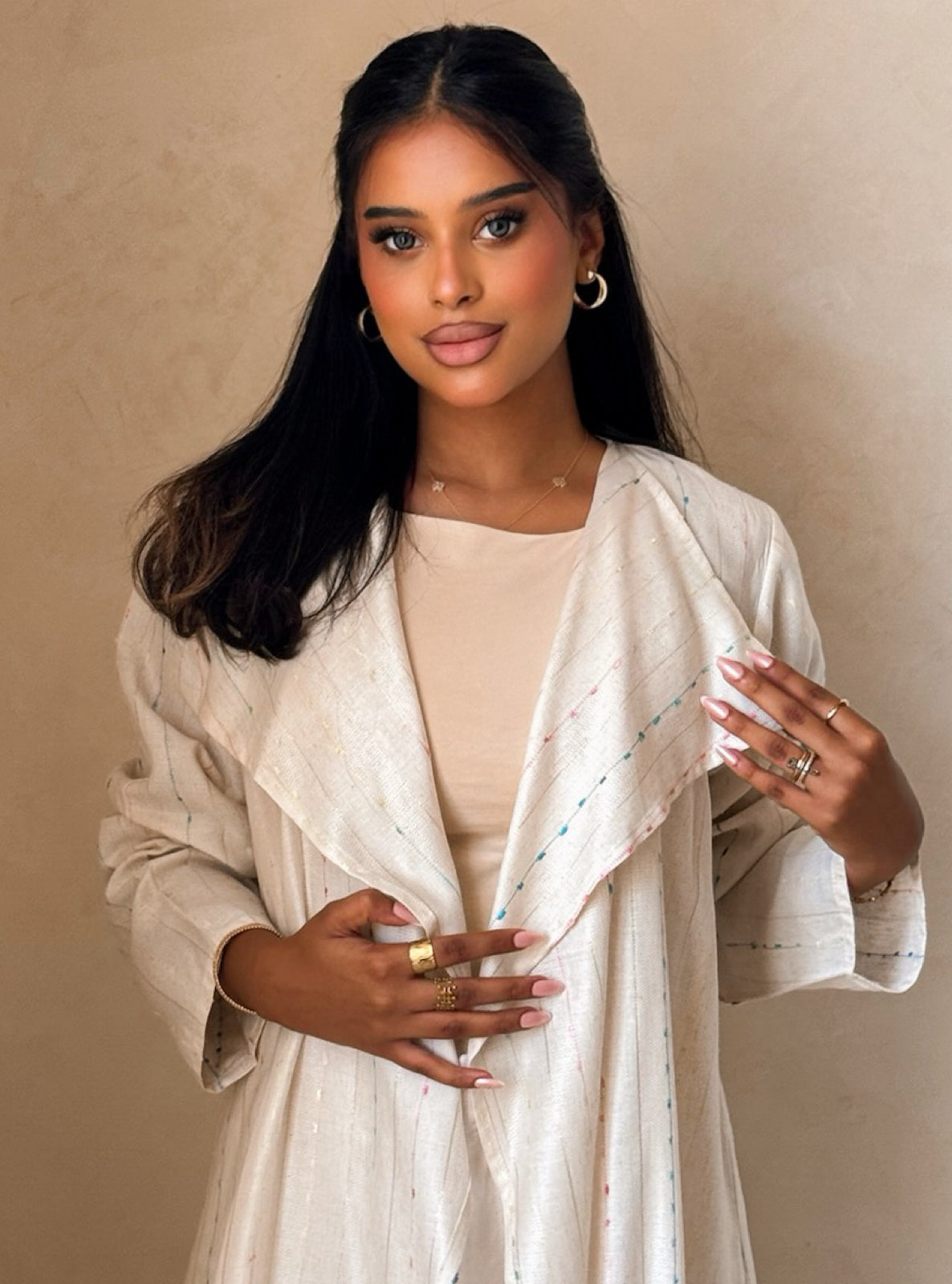 MEI746 - Striped Soft Ivory A-Cut Linen Abaya with Matching Headscarf