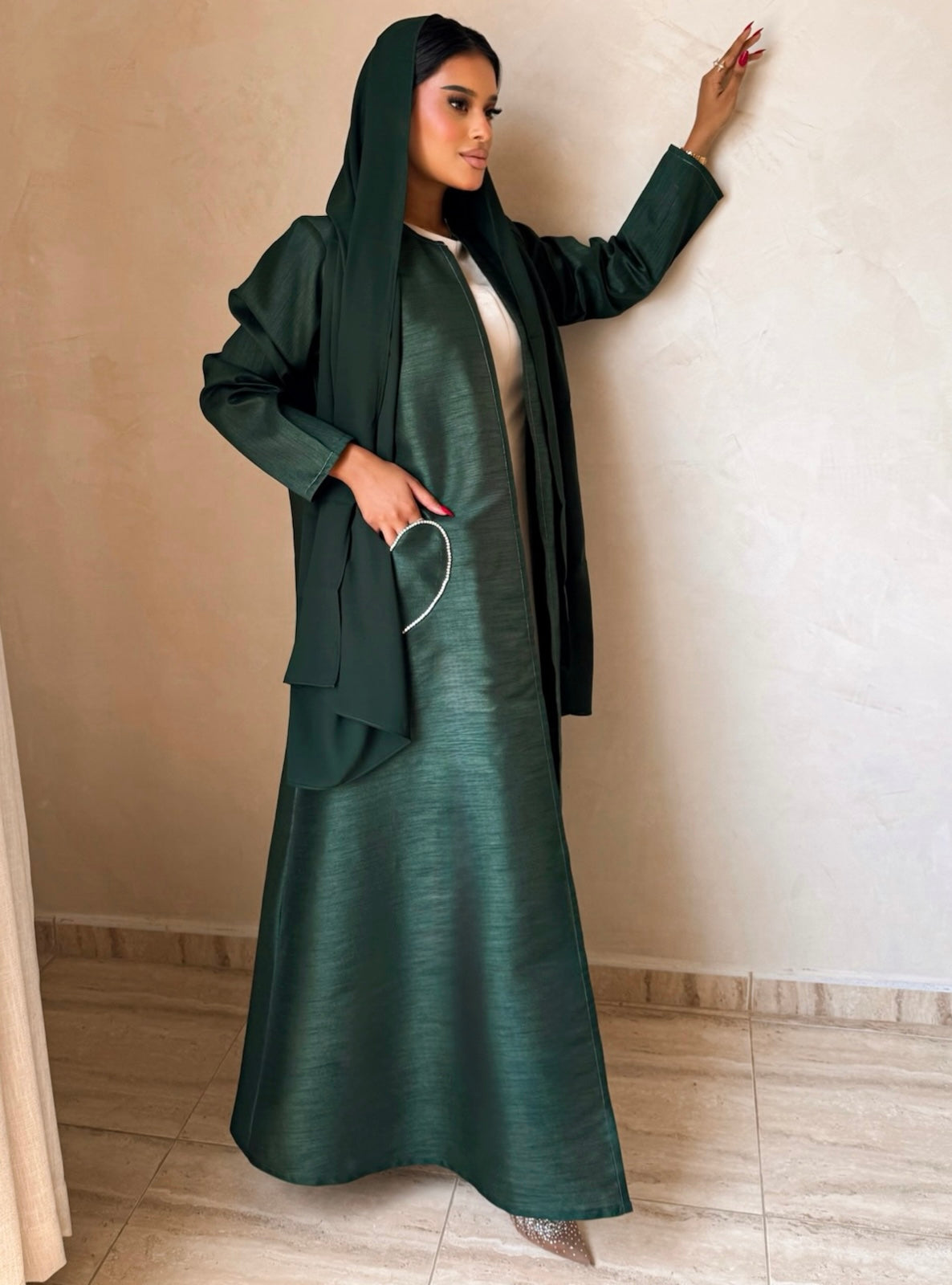 MEI727 - Green A-Cut Taffeta & Crystals Abaya with Headscarf