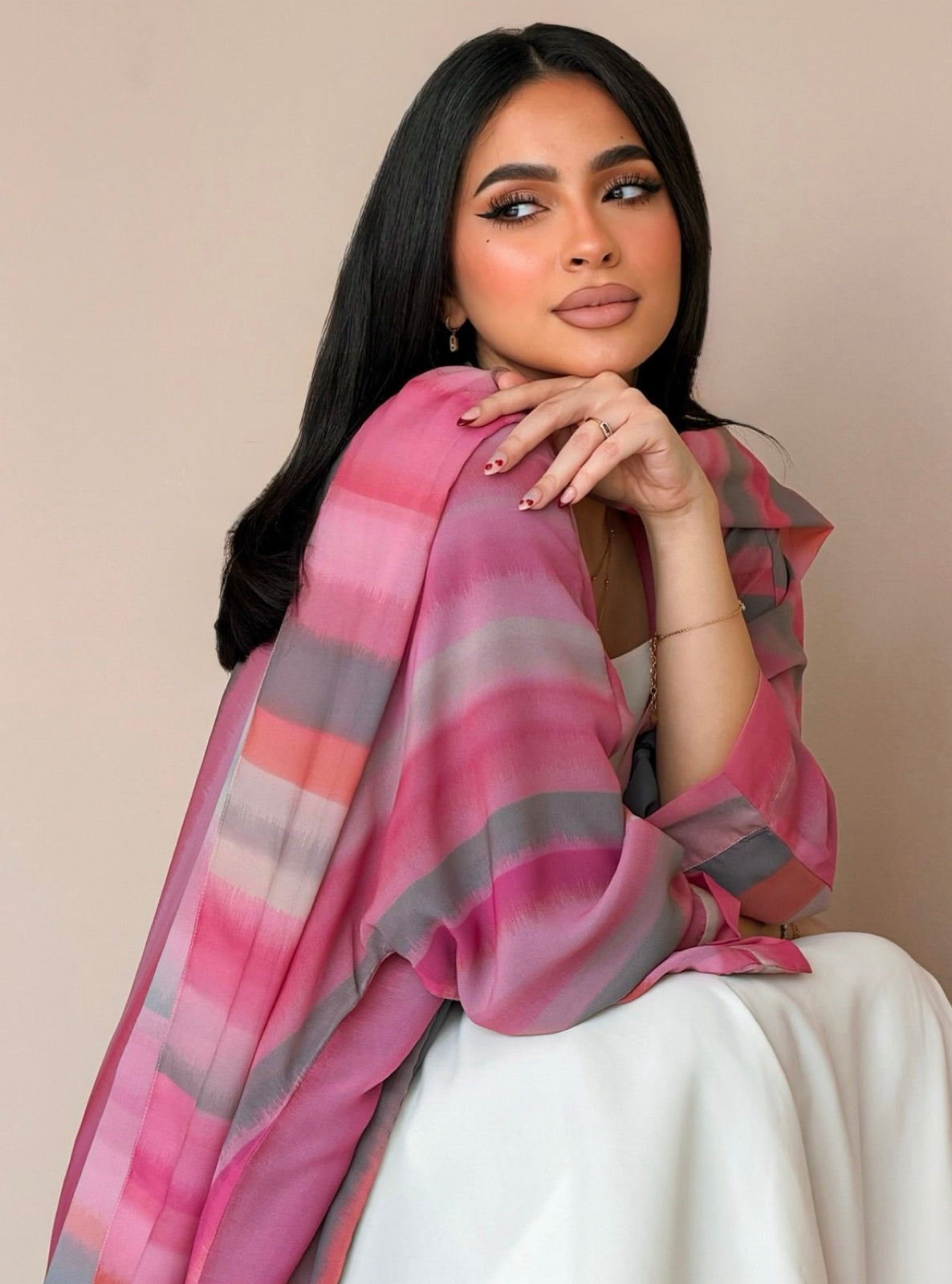 MEI784 - Striped Print Half Bisht Abaya with Matching Headscarf