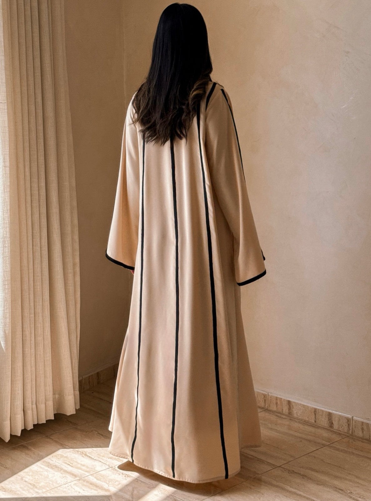 MEI736 - Beige A-Cut Abaya with Black Embroidery & Matching Headscarf