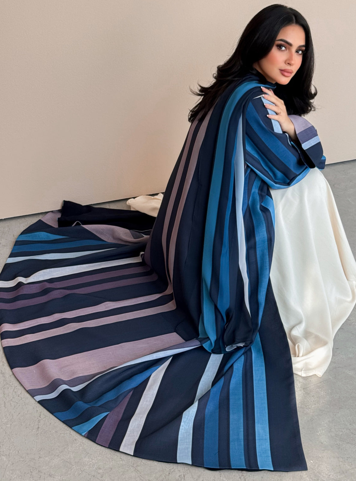 MEI763 - Striped A-Cut Linen Abaya with Matching Headscarf
