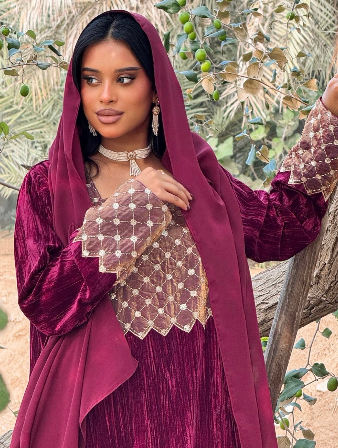 MEI671 - Burgundy Velvet & Embroidered Silk Jalabiya with Headscarf
