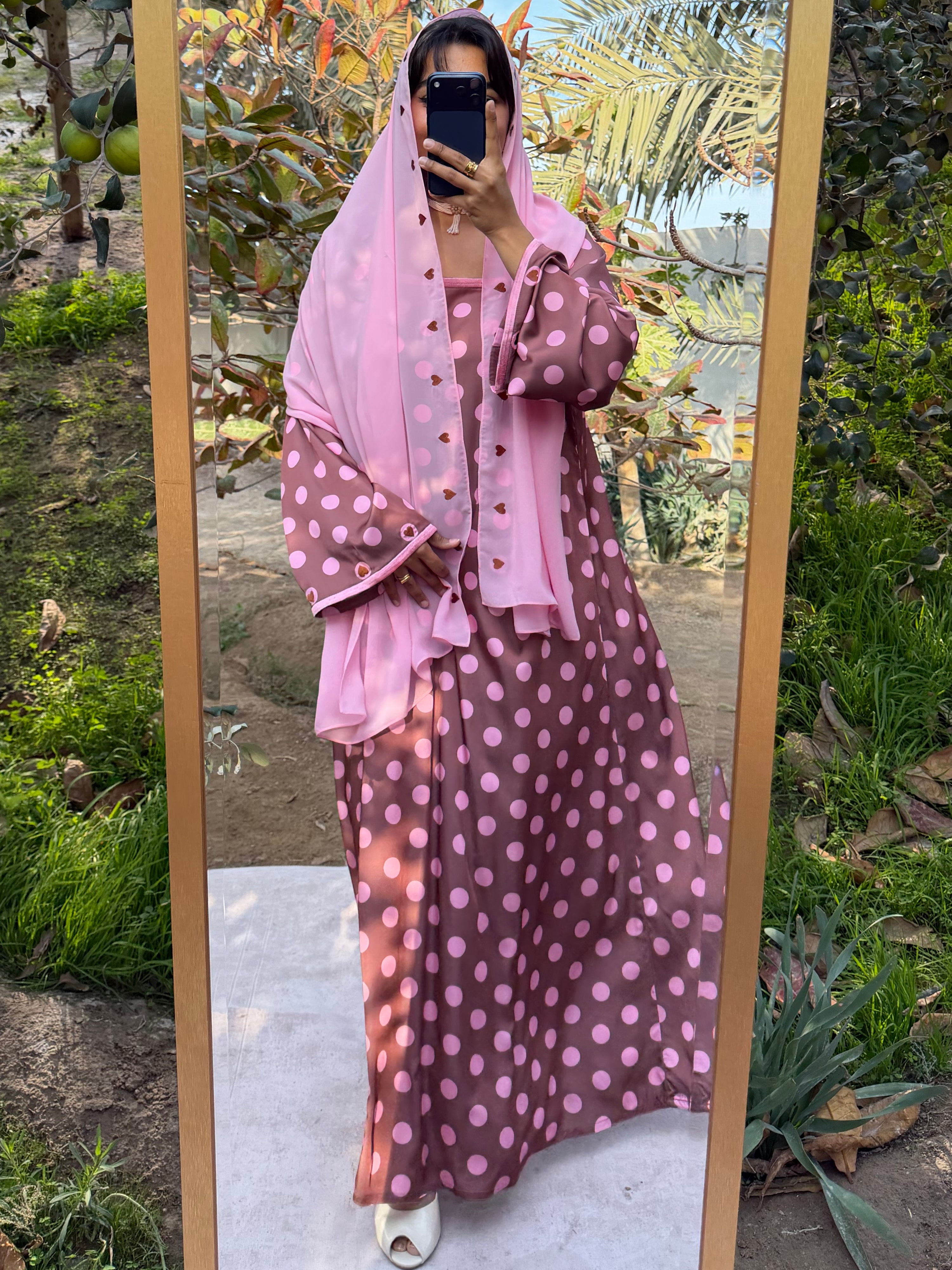 MEI692 - Brown/Pink Polka Dots & Hearts Embroidered Jalabiya with Headscarf