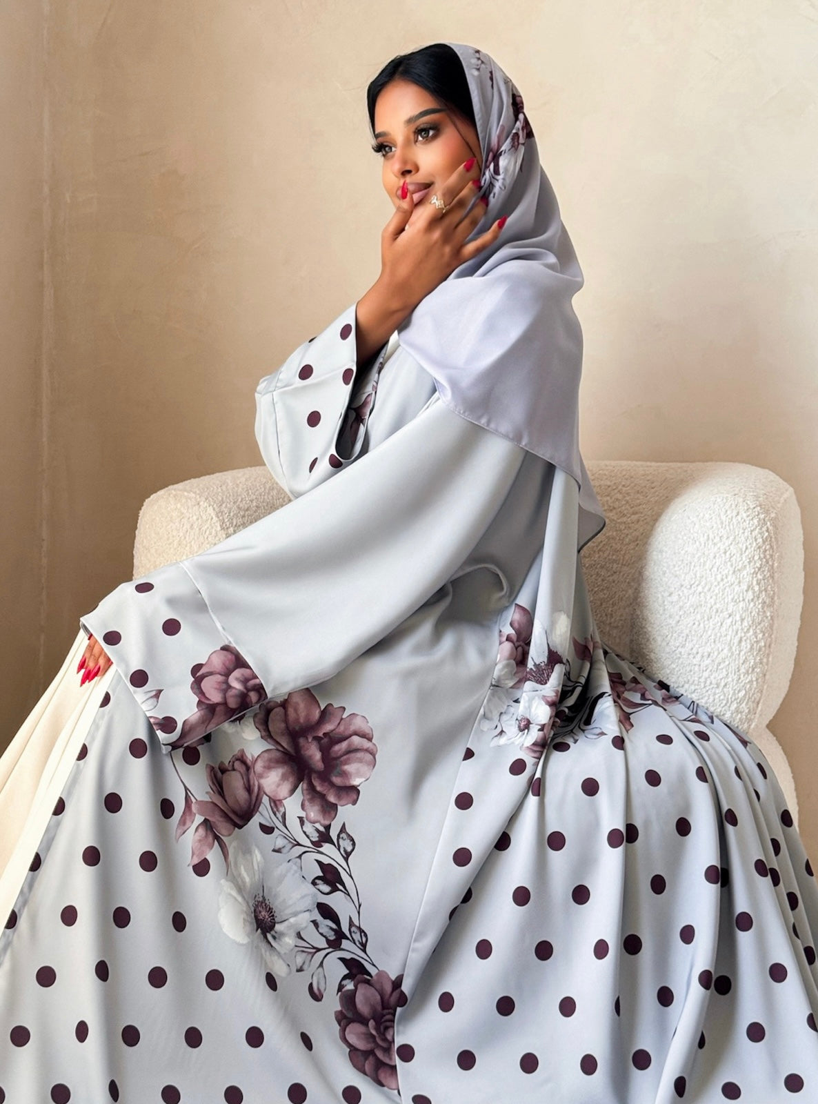 MEI741 - Grey Half Bisht Polka Floral Abaya with Matching Headscarf