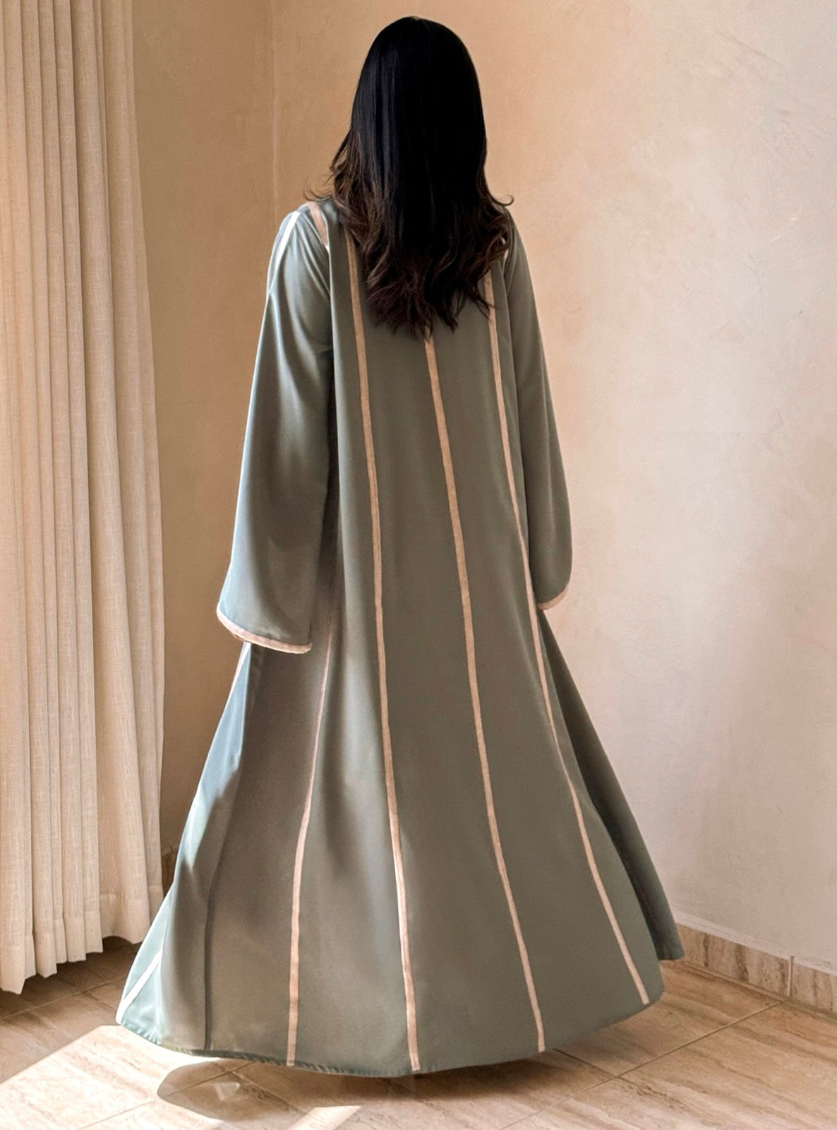 MEI738 - Light Turquoise A-Cut Abaya with Cream Embroidery & Matching Headscarf