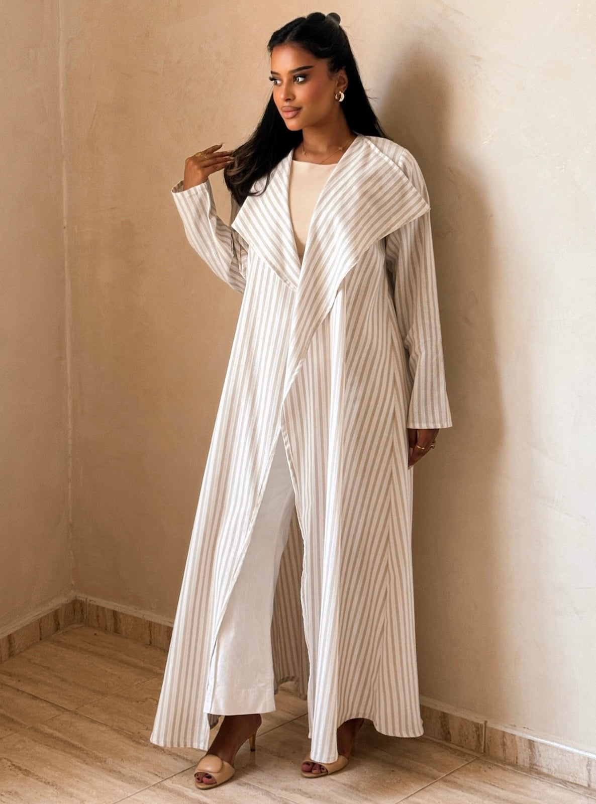 MEI744 - Striped Soft Ivory A-Cut Linen Abaya with Matching Headscarf