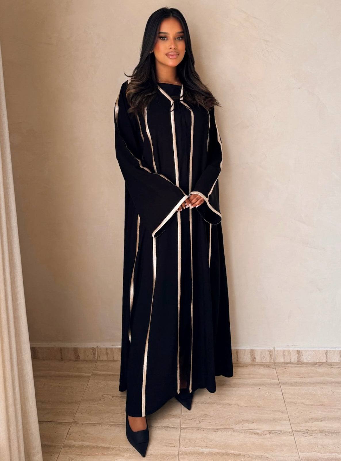 MEI735 - Black A-Cut Abaya with Cream Embroidery & Matching Headscarf
