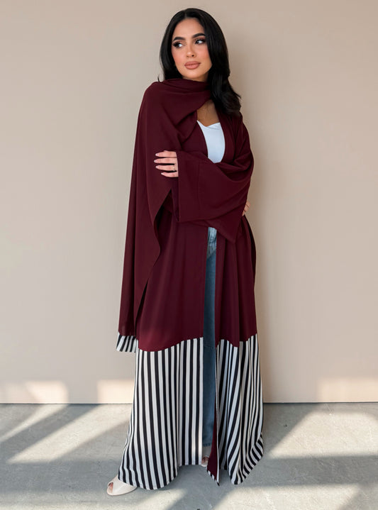 MEI758 - Linear Crepe Square Cut Abaya in Deep Burgundy