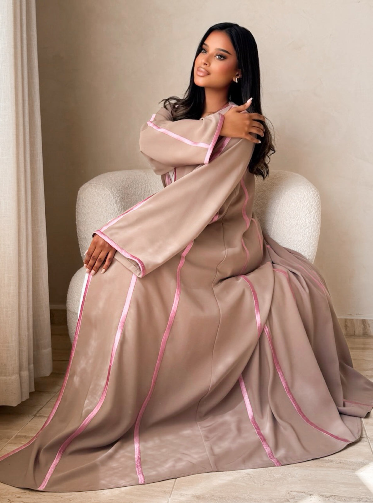 MEI737 - Dark Beige A-Cut Abaya with Pink Embroidery & Matching Headscarf
