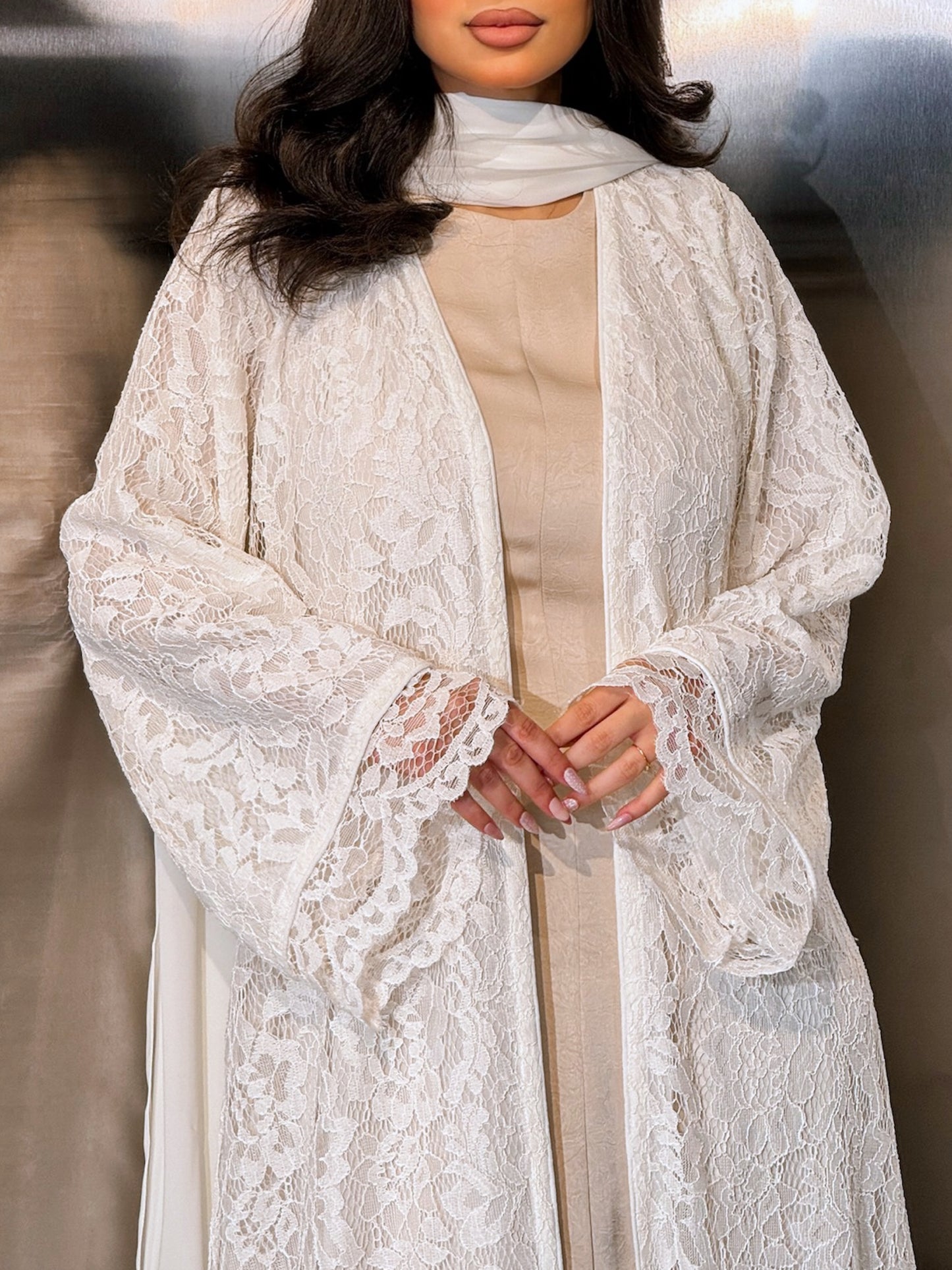 MEI712 - Off White Lace Abaya with Matching Headscarf