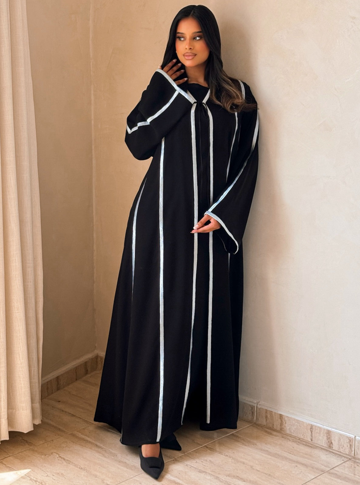 MEI733 - Black A-Cut Abaya with Light Blue Embroidery & Matching Headscarf