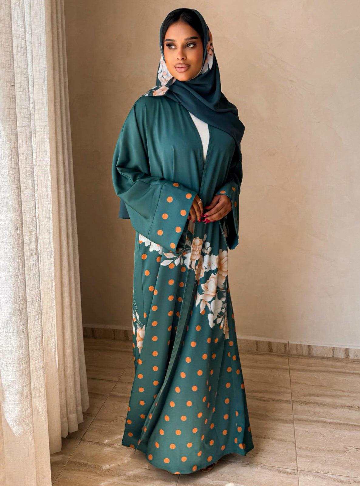MEI739 - Teal Half Bisht Polka Floral Abaya with Matching Headscarf