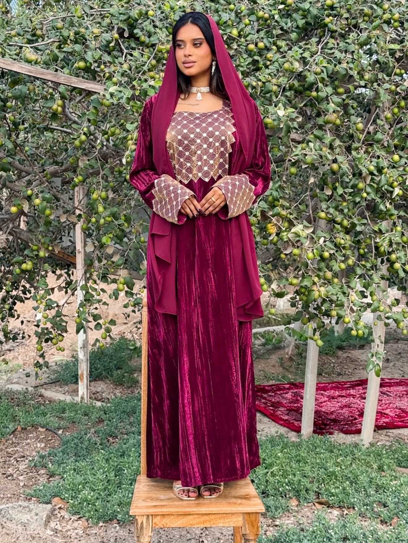 MEI671 - Burgundy Velvet & Embroidered Silk Jalabiya with Headscarf