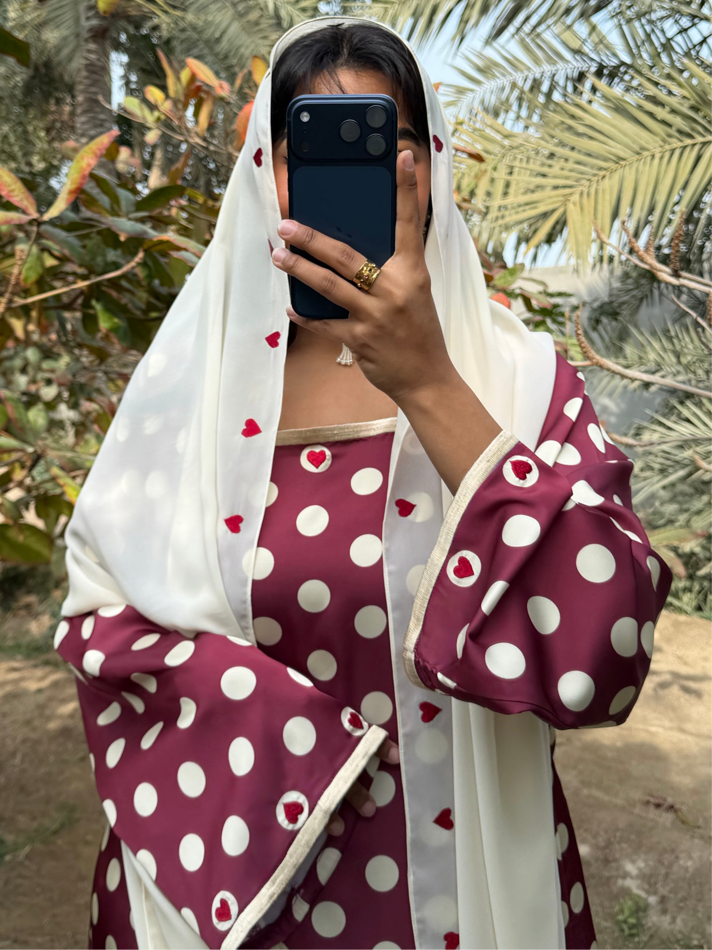 MEI693 - Maroon/Yellow Polka Dots & Hearts Embroidered Jalabiya with Headscarf