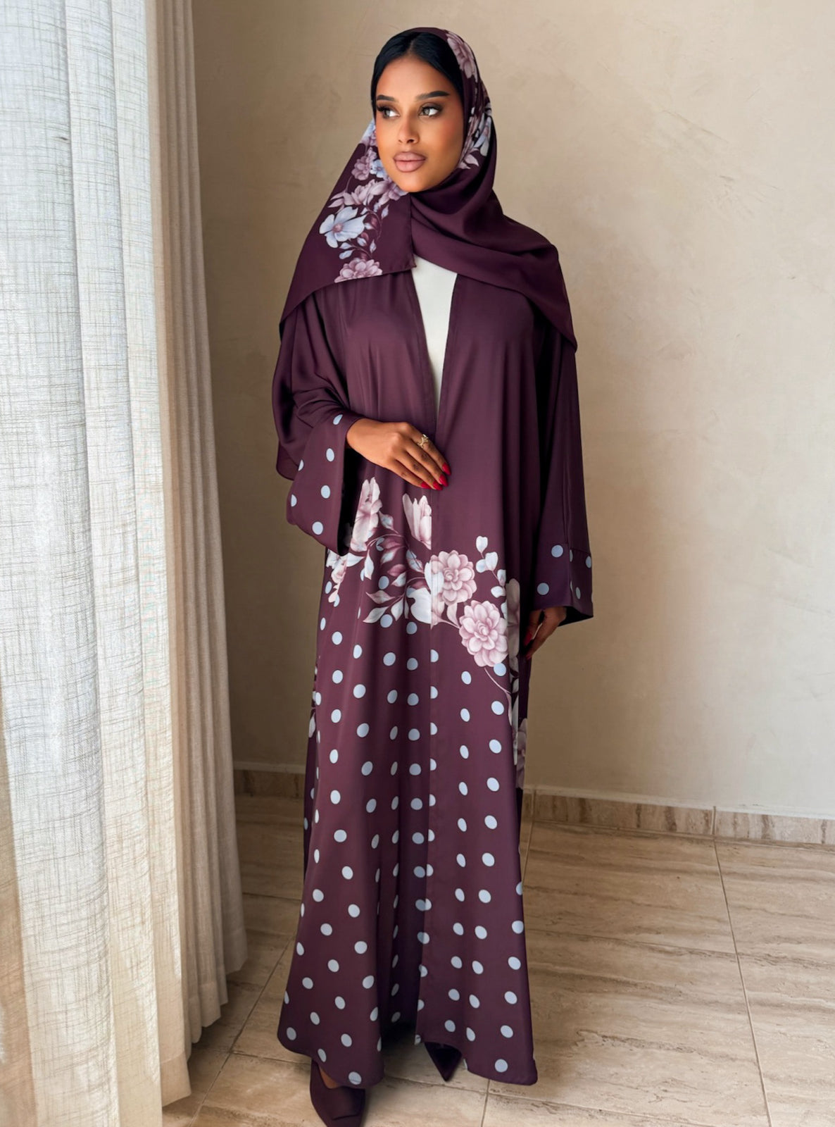 MEI742 - Plum Half Bisht Polka Floral Abaya with Matching Headscarf