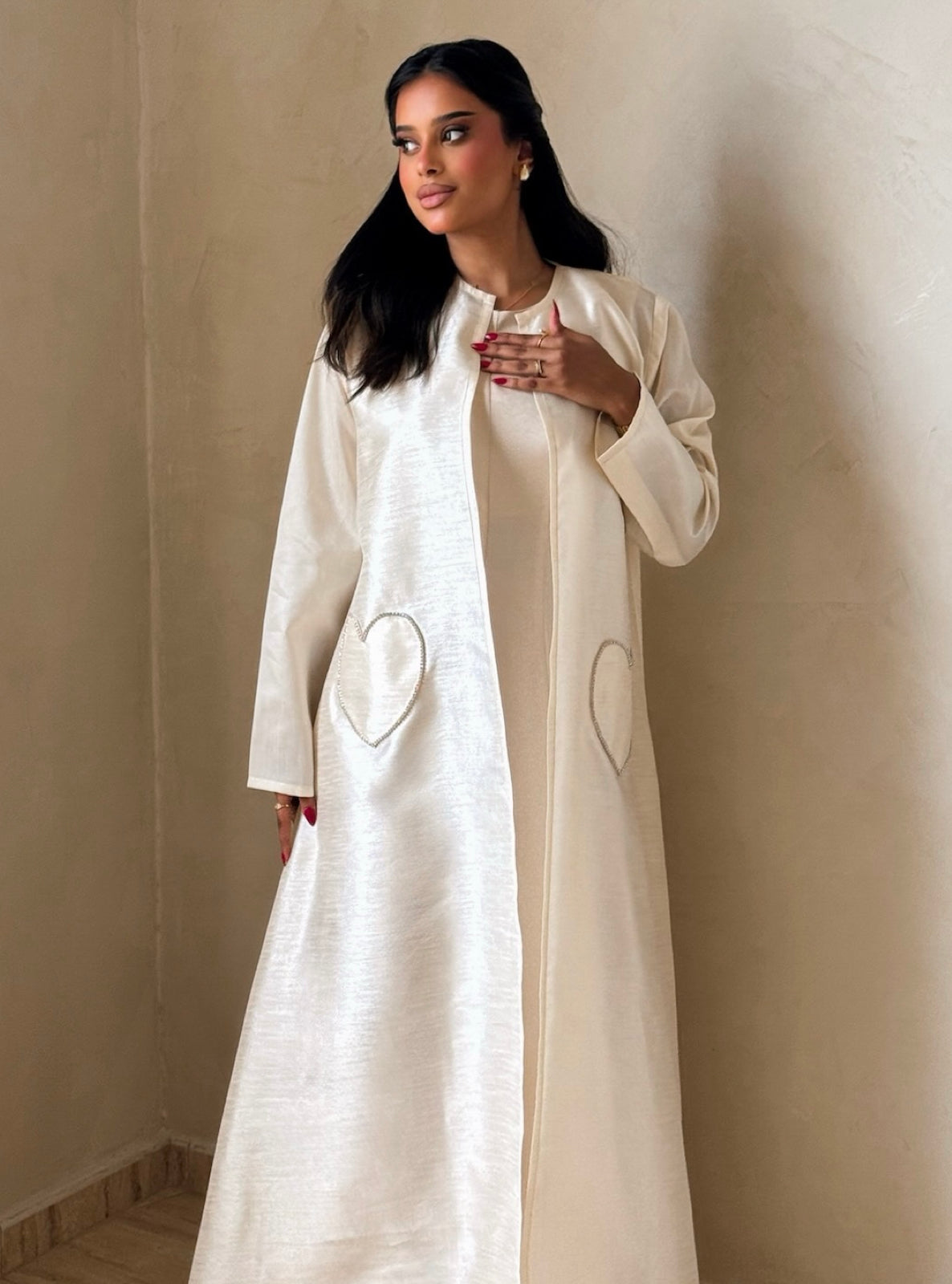 MEI729 - Off White A-Cut Taffeta & Crystals Abaya with Headscarf