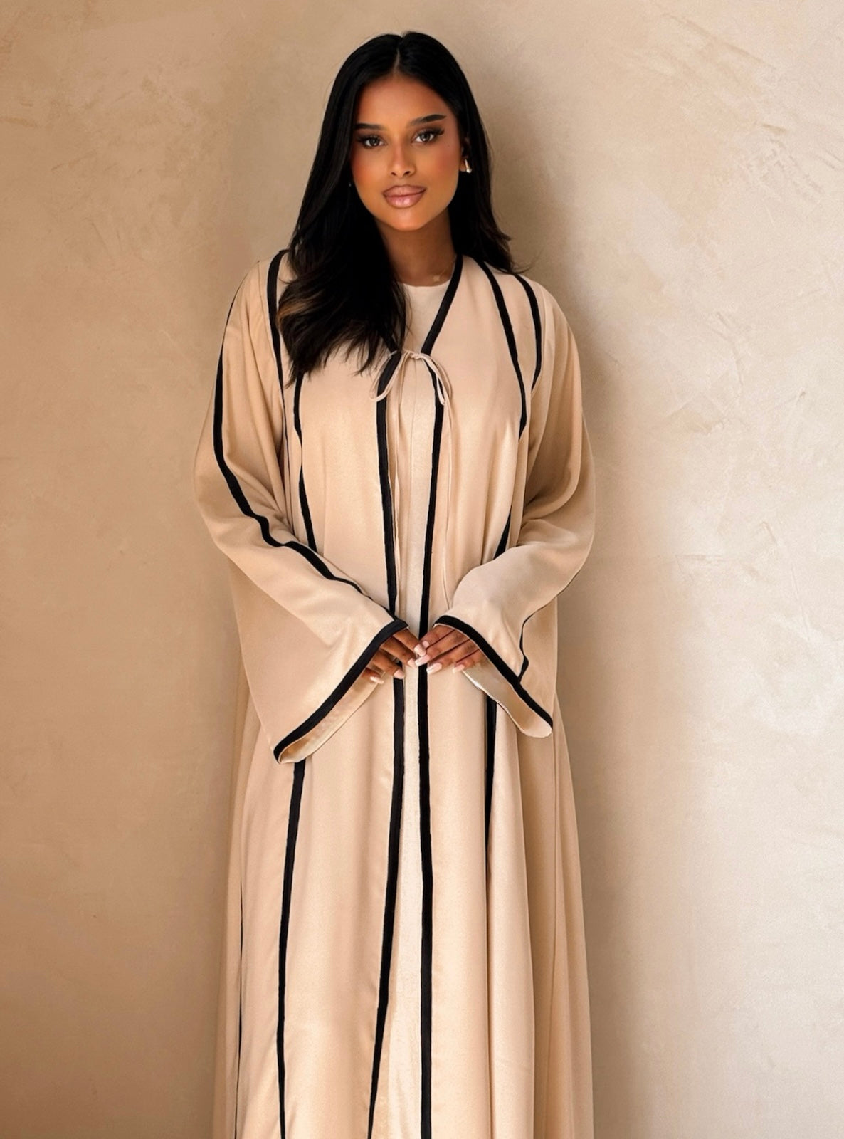 MEI736 - Beige A-Cut Abaya with Black Embroidery & Matching Headscarf