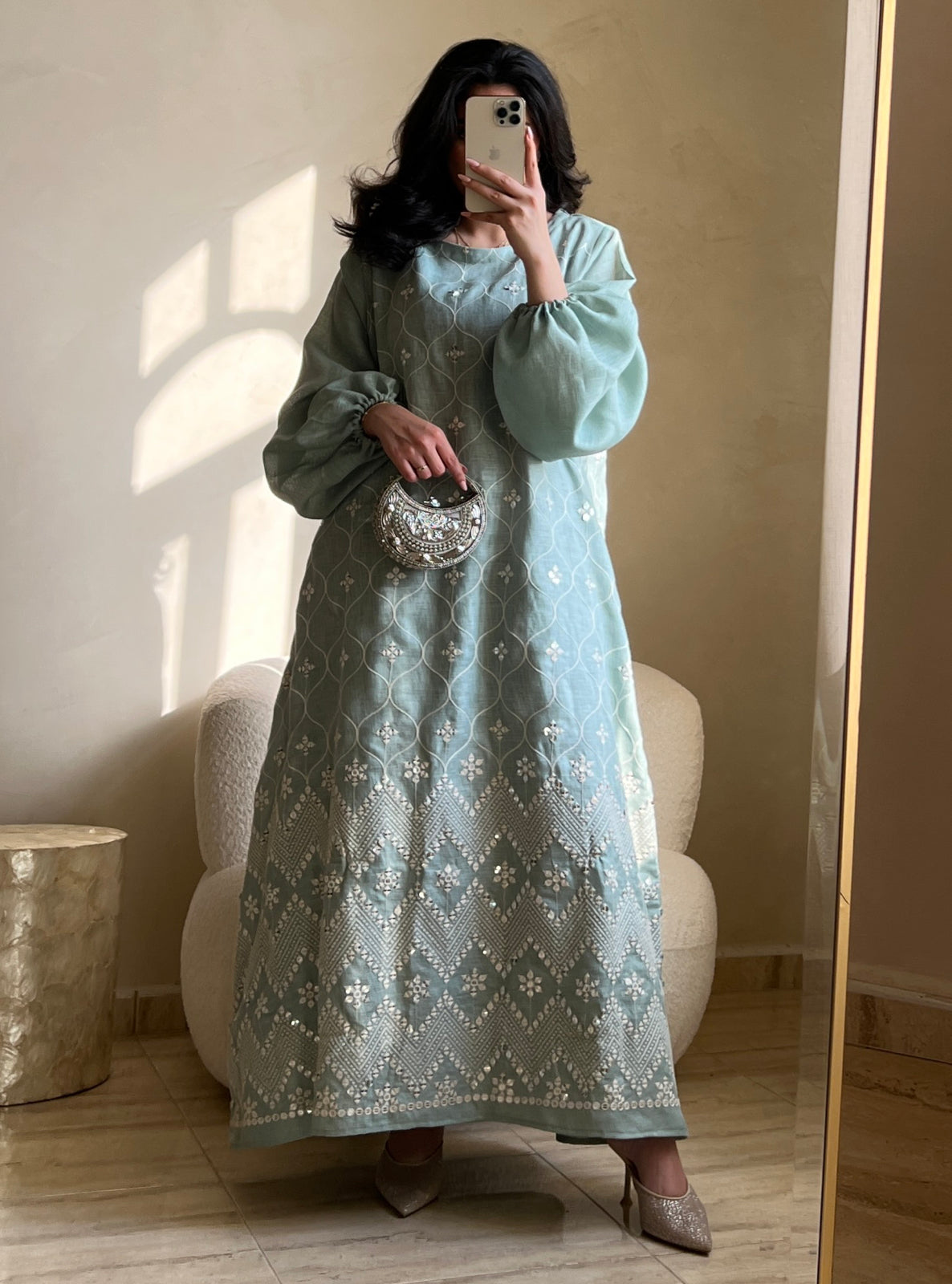 MEI527 - Light Turquoise Embroidered Jalabiya