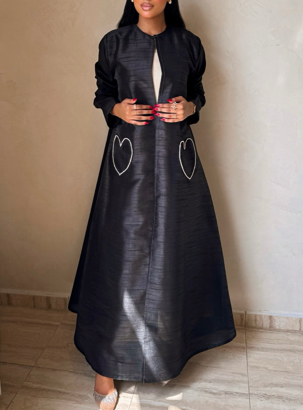 MEI730 - Black A-Cut Taffeta & Crystals Abaya with Headscarf