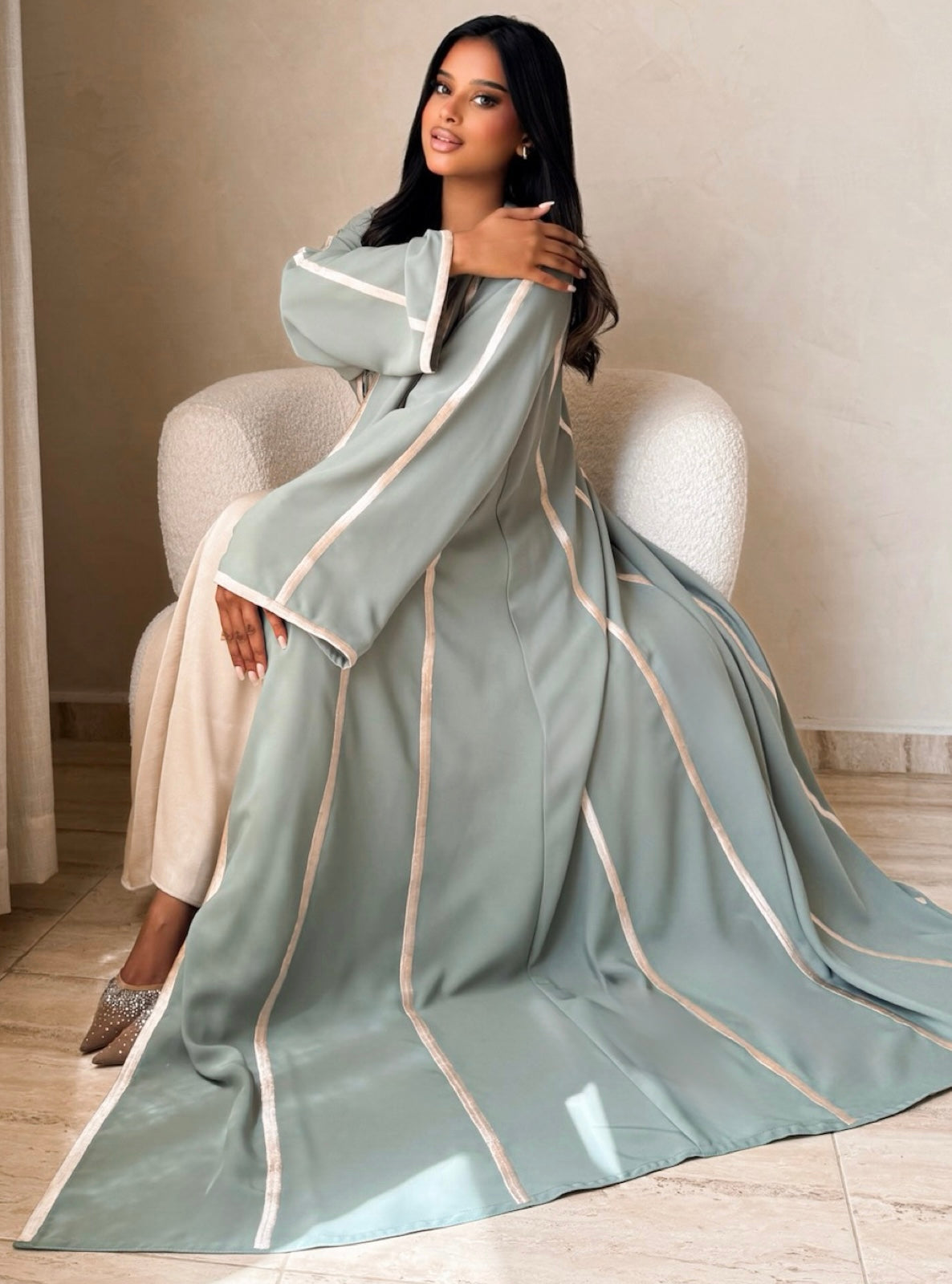 MEI738 - Light Turquoise A-Cut Abaya with Cream Embroidery & Matching Headscarf