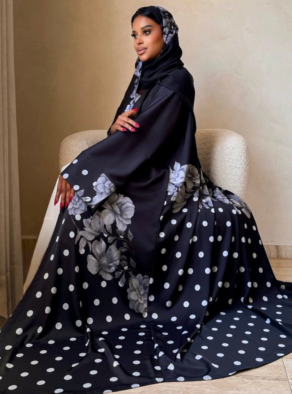 MEI743 - Black Half Bisht Polka Floral Abaya with Matching Headscarf