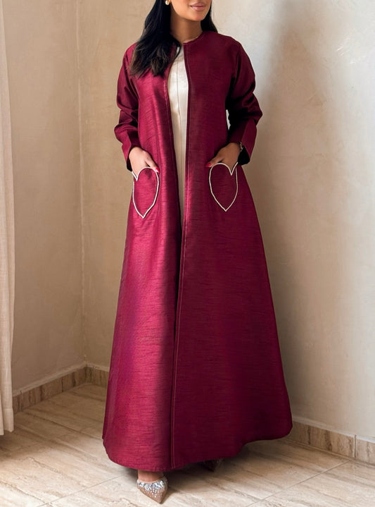 MEI730 - Maroon A-Cut Taffeta & Crystals Abaya with Headscarf