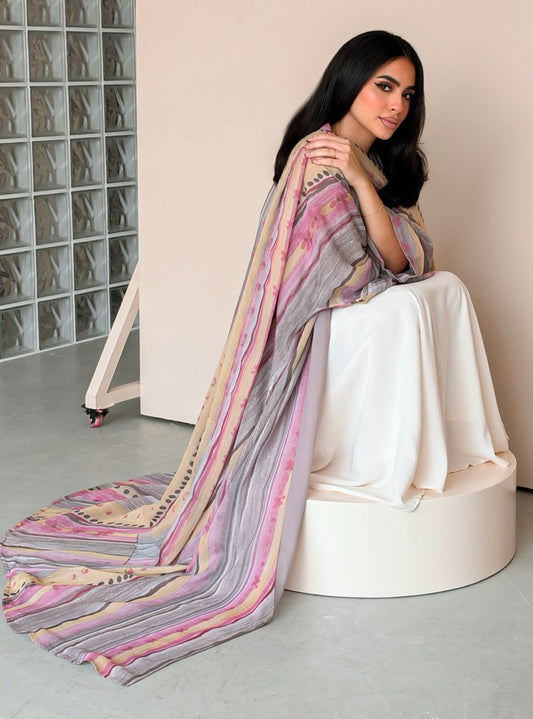 MEI785 - Floral & Stripes Print Half Bisht Abaya with Matching Headscarf