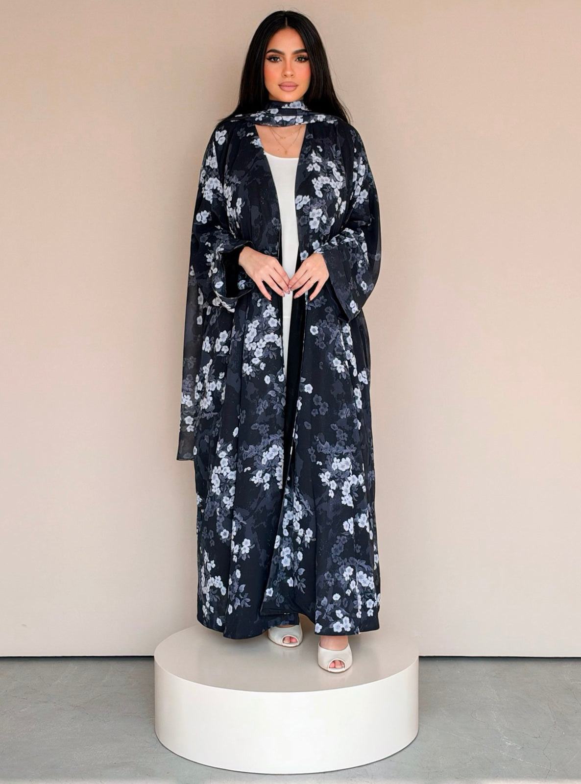 MEI777 - Floral Print Half Bisht Abaya with Matching Headscarf