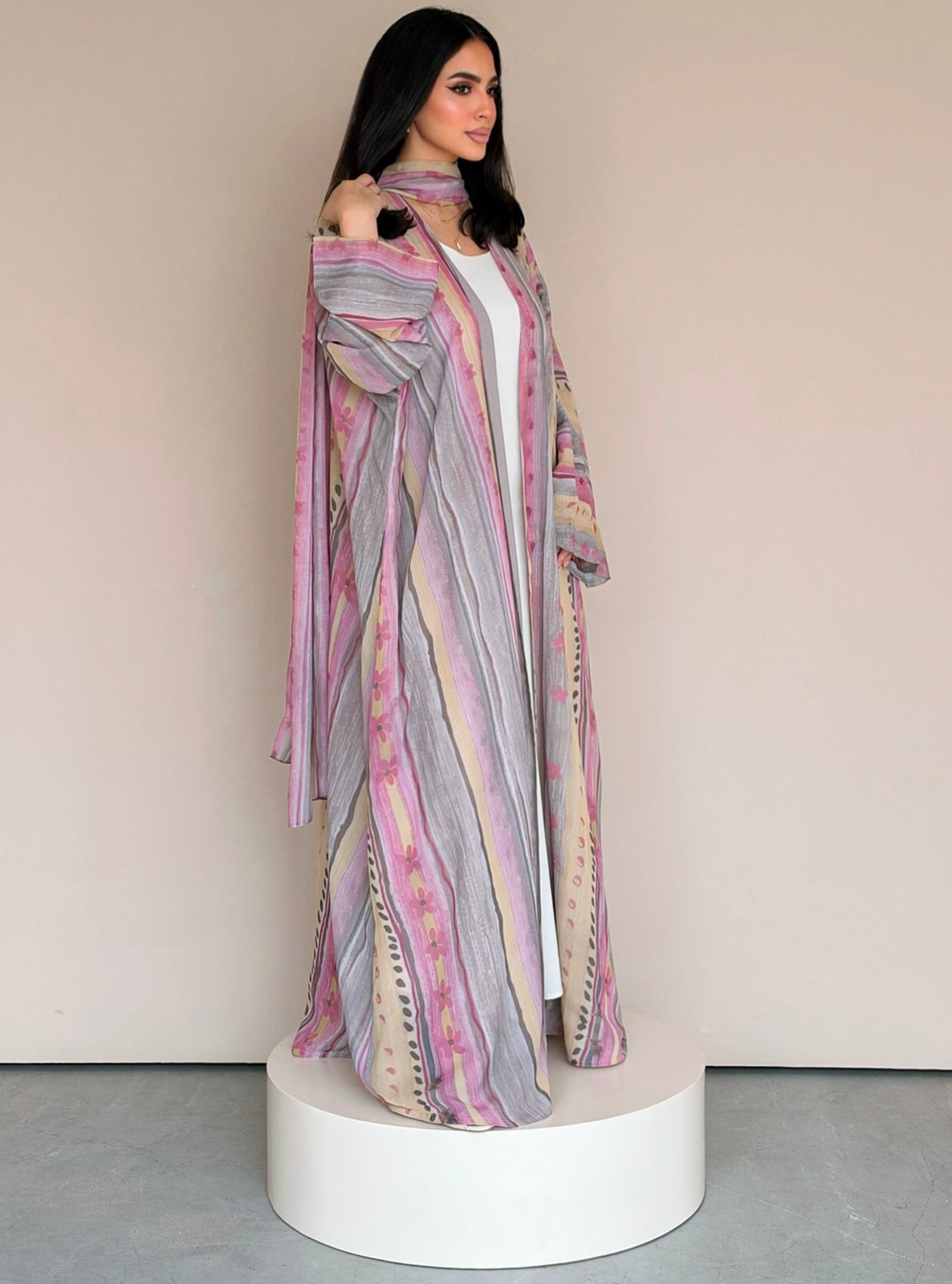 MEI785 - Floral & Stripes Print Half Bisht Abaya with Matching Headscarf