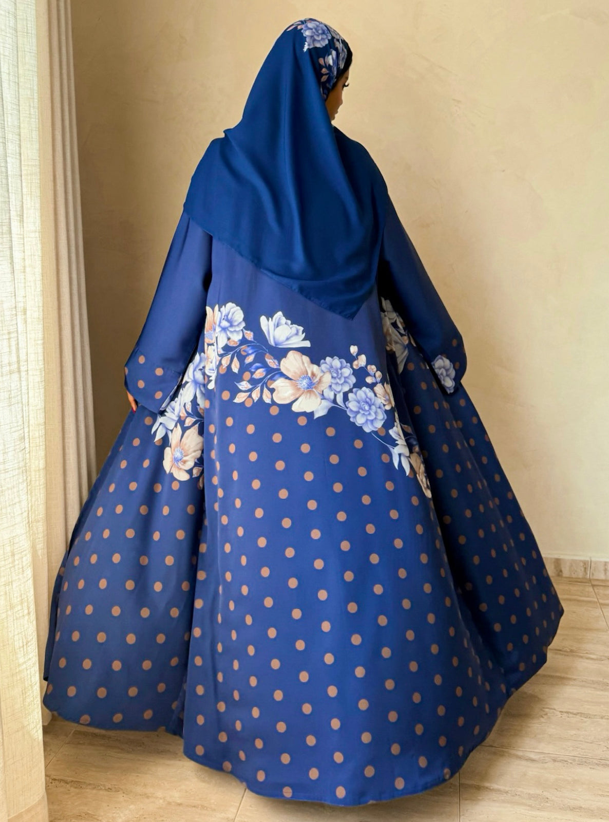MEI740 - Sapphire Blue Half Bisht Polka Floral Abaya with Matching Headscarf