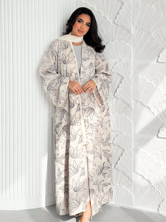 MEI607 - Indian Linen Abaya with Deep Purple Embroidery