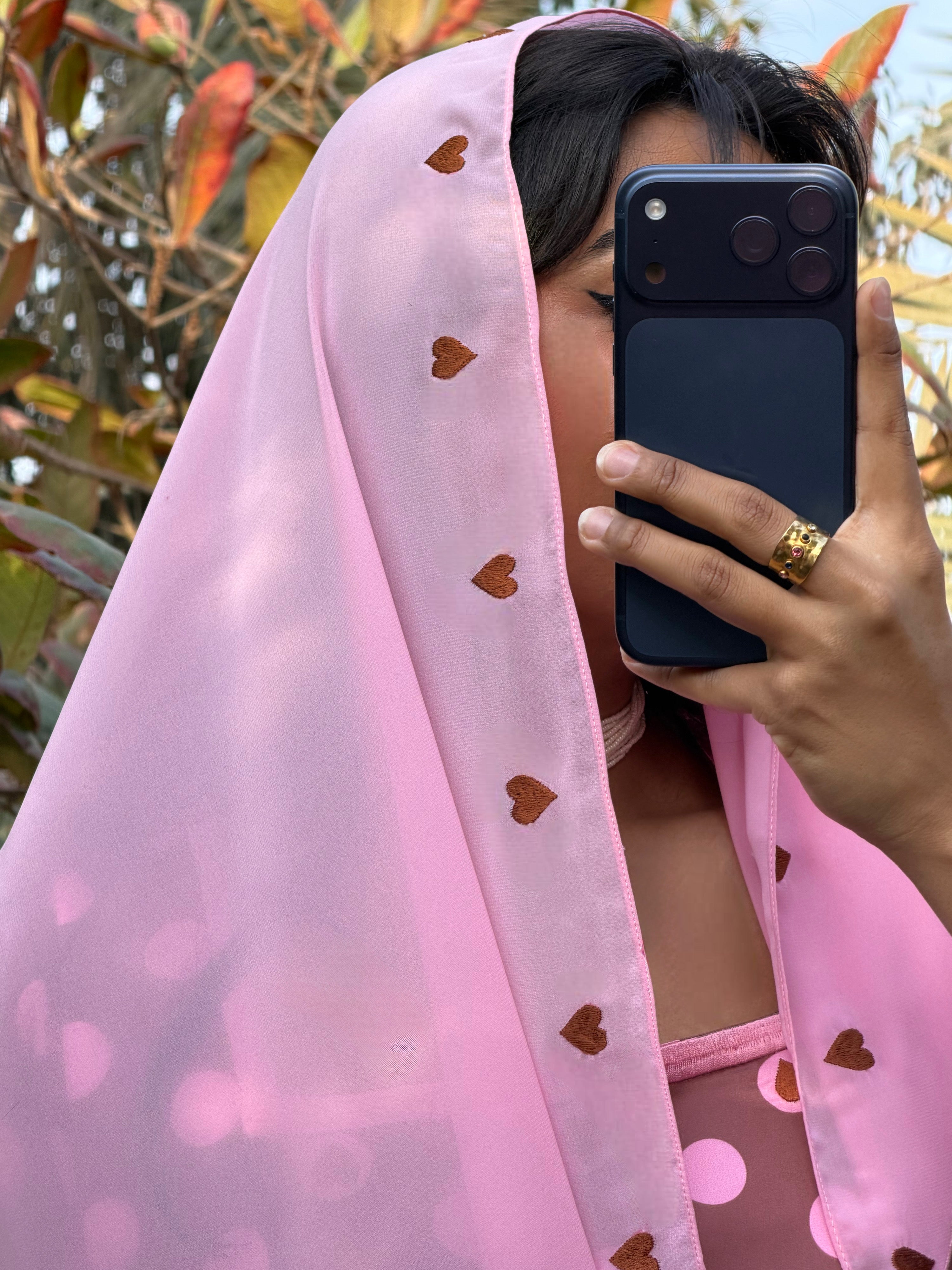 MEI692 - Brown/Pink Polka Dots & Hearts Embroidered Jalabiya with Headscarf