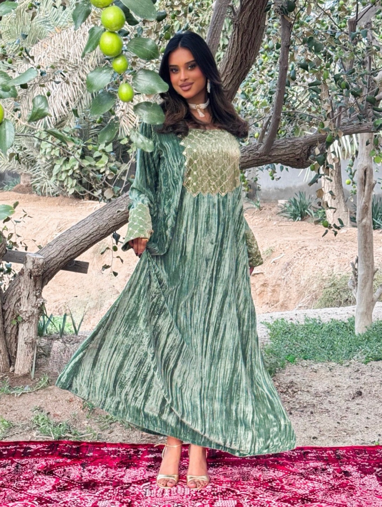 MEI669 - Green Velvet & Embroidered Silk Jalabiya with Headscarf